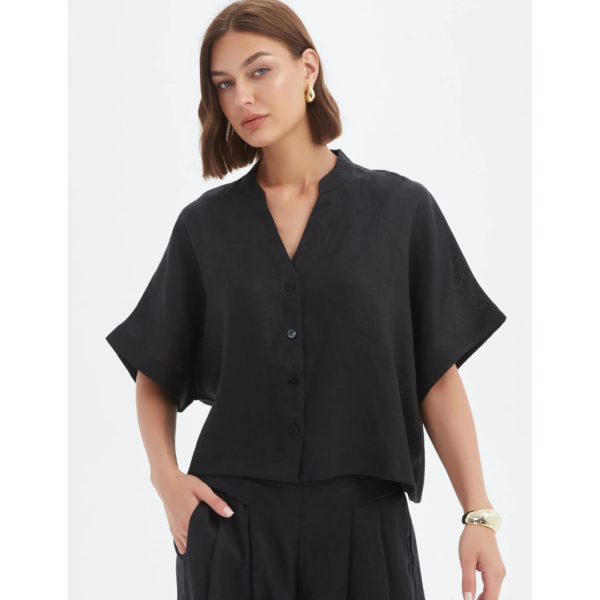Tirelli Boxy Button Linen Shirt In Black
