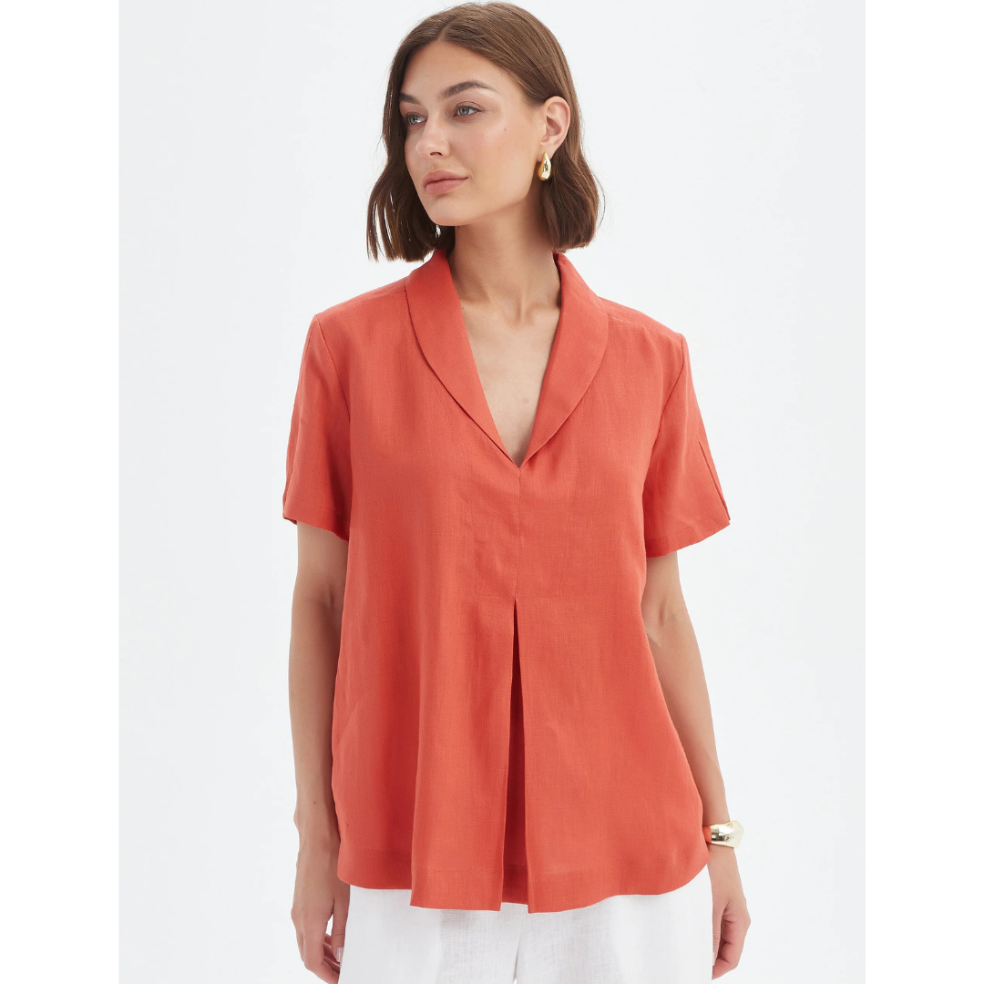 Tirelli Shawl Collar Pleat Linen Top In Rust