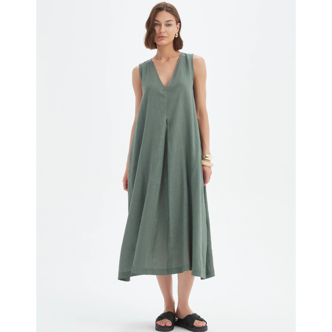 Tirelli Inverted Pleat Linen Dress In Petrol