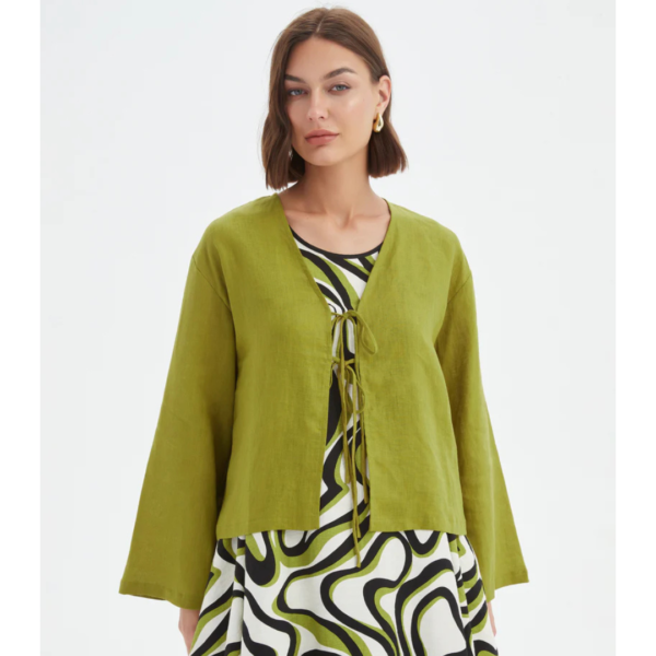 Tirelli Tie Front Linen Top In Chartreuse Green