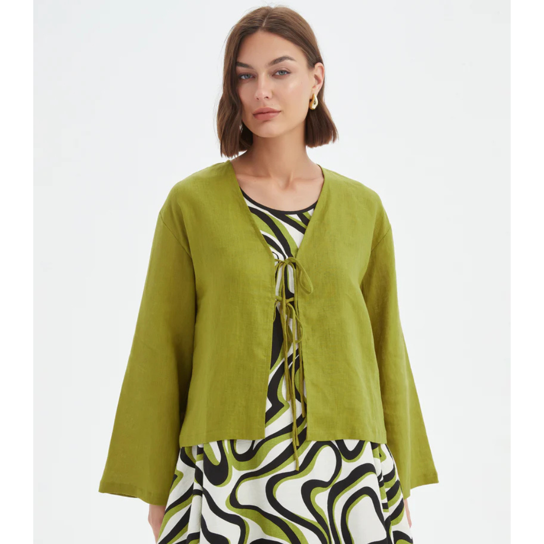 Tirelli Tie Front Linen Top In Chartreuse Green