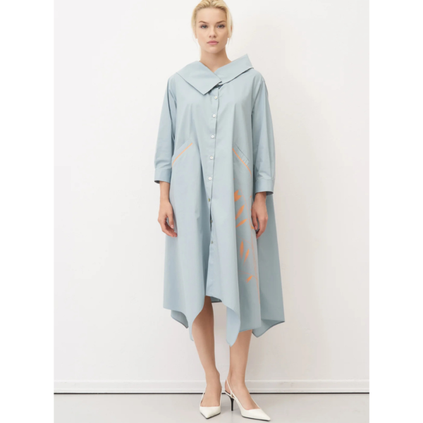 Bize Shawl Collar Dress In Duck Egg Blue With Orange Barley