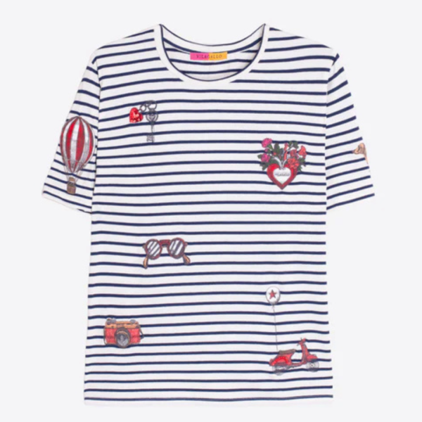 Vilagallo Striped Top In Blue And White With Heart Motif