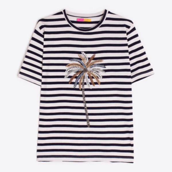 Vilagallo Striped Top In Blue And Cream With Sequin Palm Tree