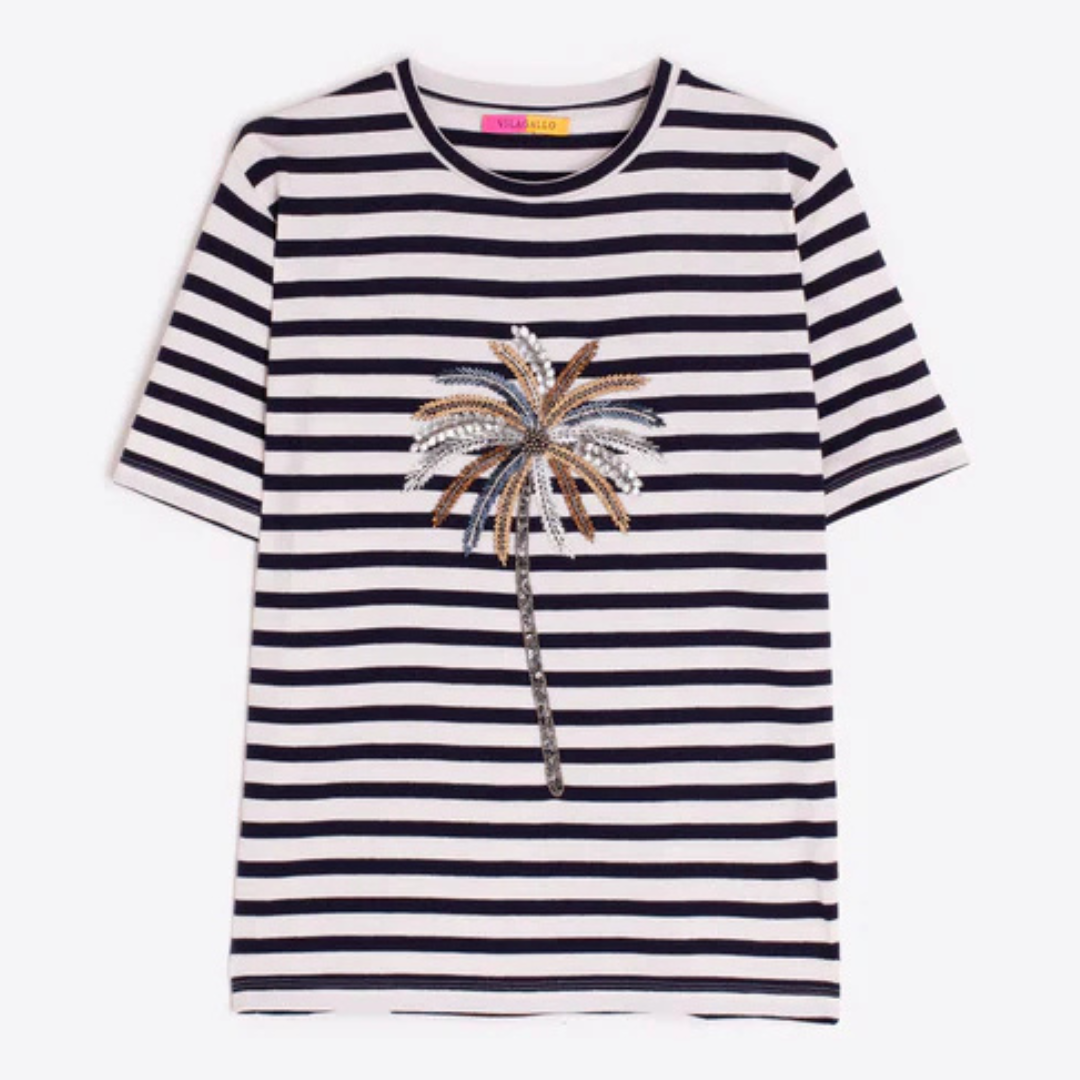 Vilagallo Striped Top In Blue And Cream With Sequin Palm Tree