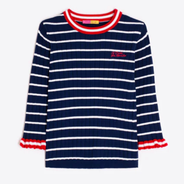 Vilagallo Navy And White Striped Crew Neck Sweater With Red Trim