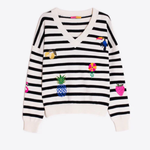 Vilagallo V Neck Sweater In Black And Ecru with Embroidery