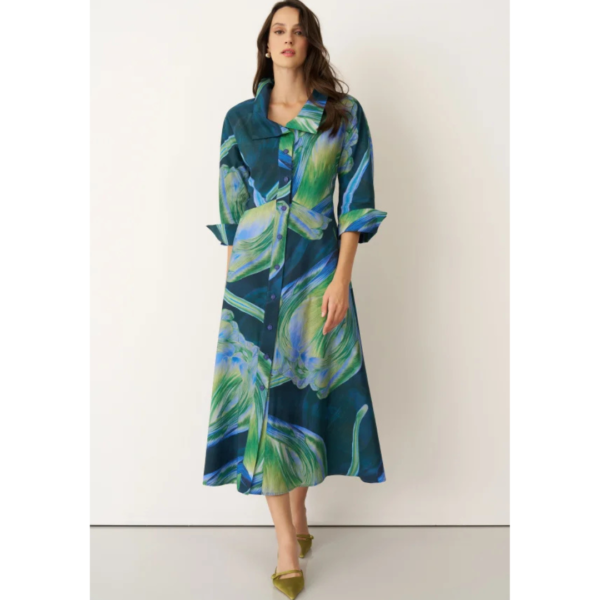 Bize Aegina Double Collar Dress In Blue And Green