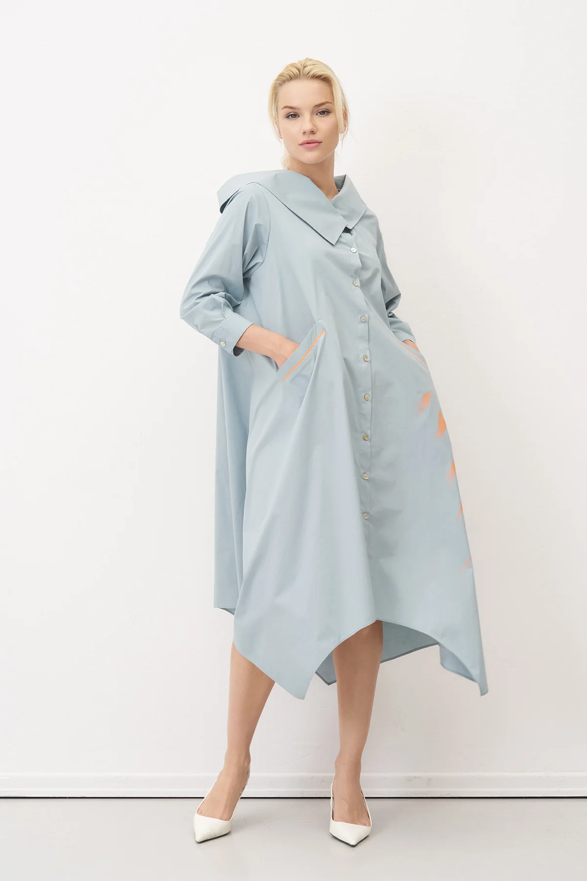 Bize Shawl Collar Dress In Duck Egg Blue With Orange Barley - Image 2